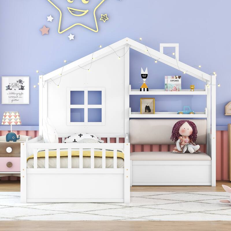 Kids Twin Size House Bed with Upholstered Sofa, Two Drawers, and Storage Shelf, White Bed Frame