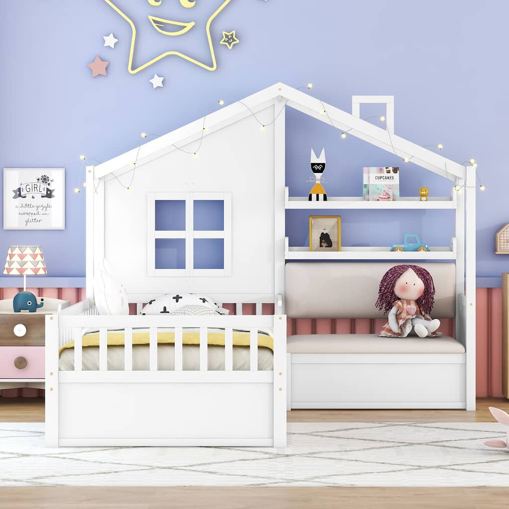 Wood House Bed Frame Side Linen Upholstered Sofa, Under Bed 2 Pull-out Storage Drawers, Pitched Roof Platform Bed