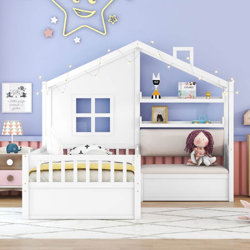 Twin Size House Bed with Sofa, Kids Platform Bed with Two Drawers and Storage Shelf