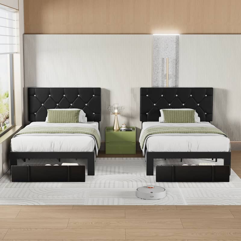 Javlergo 2-Piece Twin Bed Frame Set 39.4-45.3" Adjustable Height PU Leather Headboard with Diamond Embellishment Storage Drawer - Black