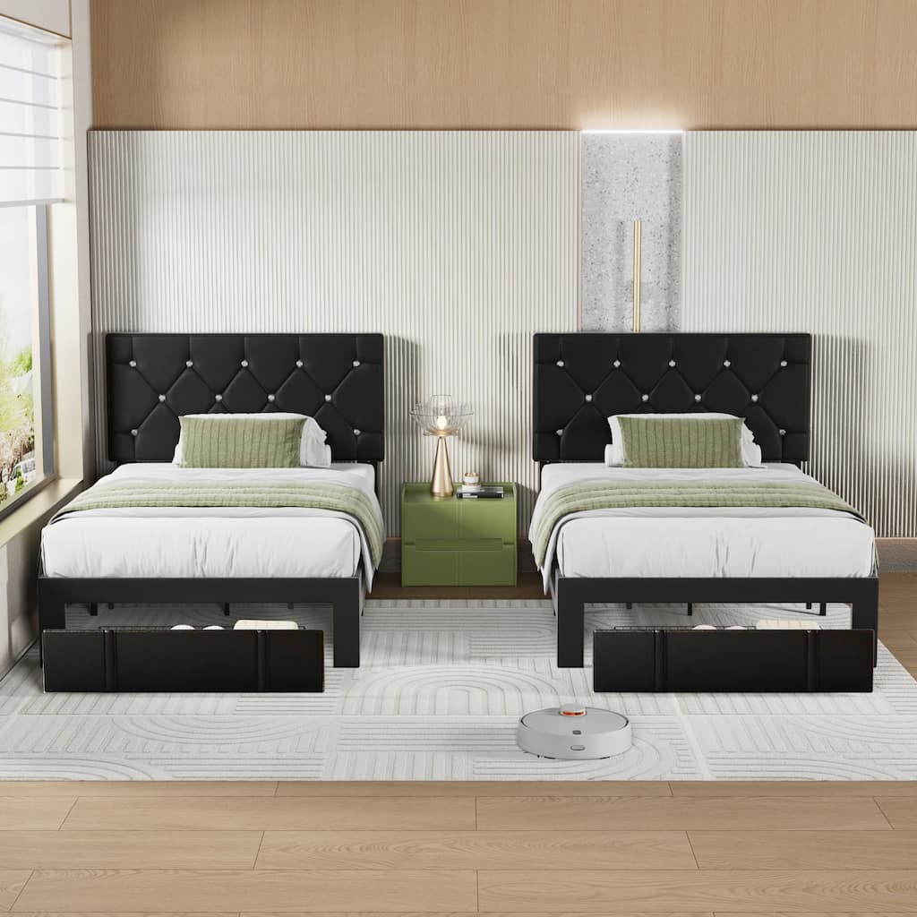 Javlergo 2-Piece Twin Bed Frame Set 39.4-45.3" Adjustable Height PU Leather Headboard with Diamond Embellishment Storage Drawer