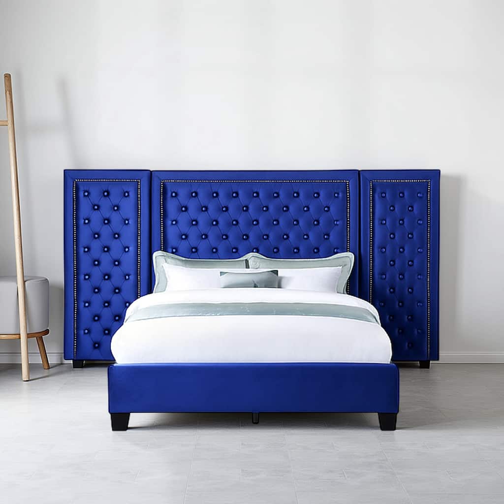 Cleo King Size Bed, Velvet, XL 3 Panel Headboard, Crystal Tufted, Blue