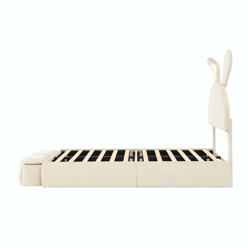 Upholstered Platform Bed with Cartoon Ears Shaped Headboard and Light