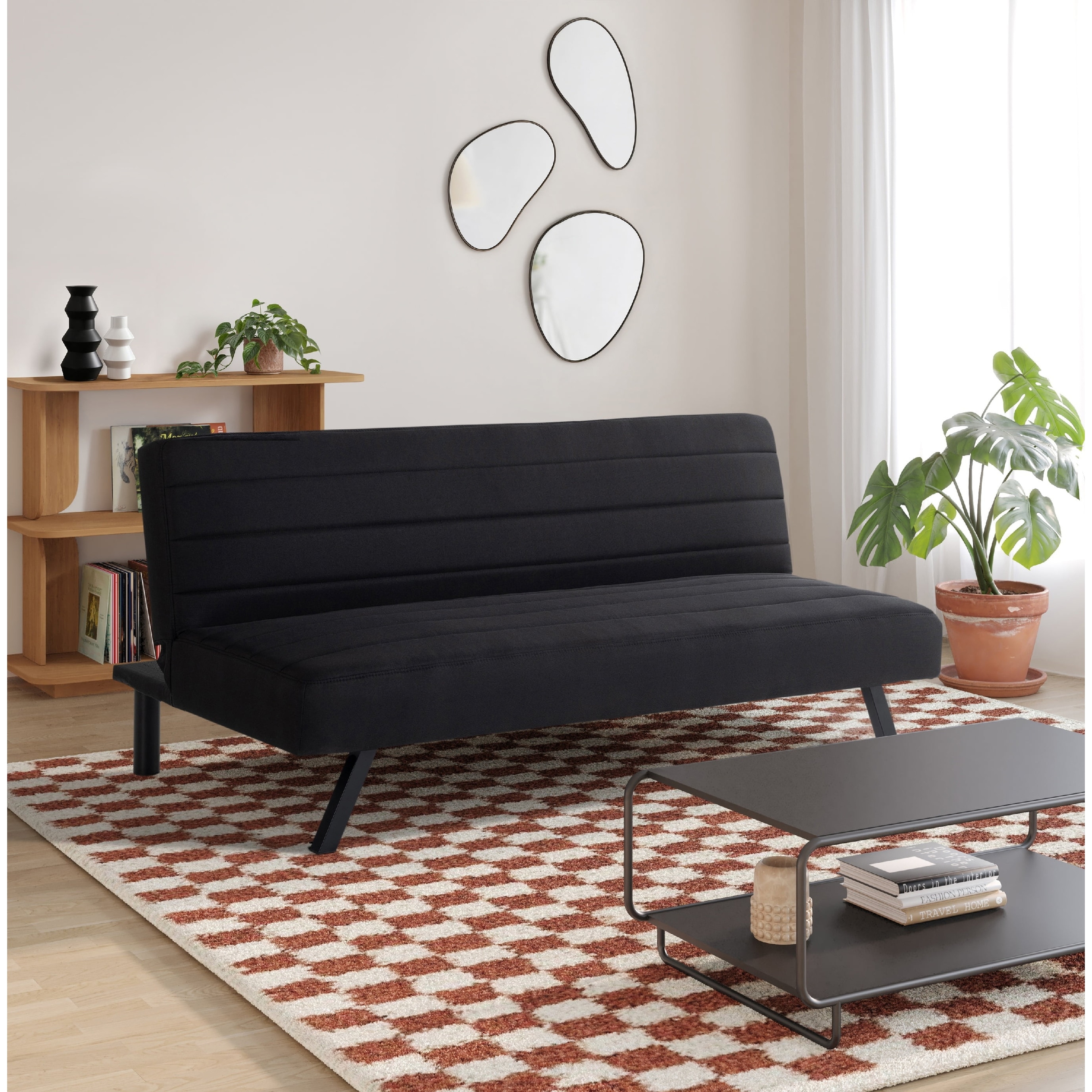 Modern Twin Convertible Futon with Black Woven Fabric - Versatile Sofa Bed with Sleek Metal Legs