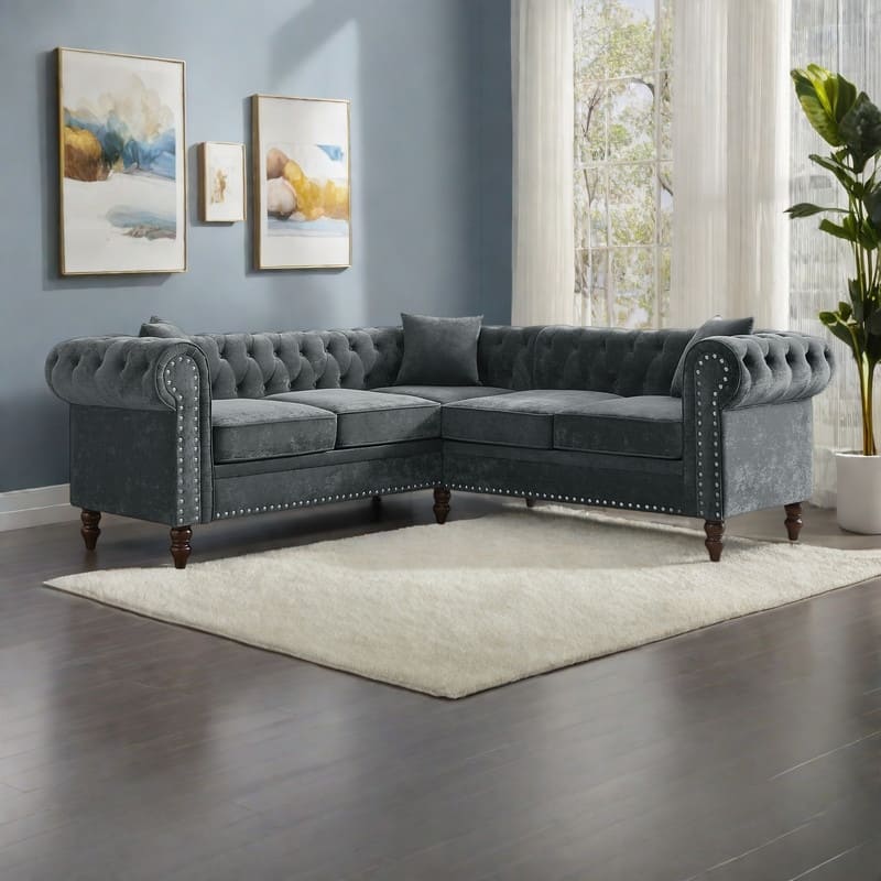 80" Velvet Chesterfield L-Shaped Sofa with Button Tufting, Rolled Arms and Solid Wood Legs - Grey