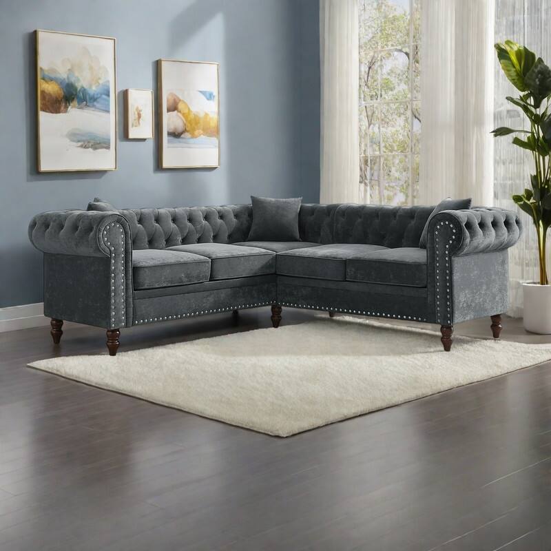 80" Velvet Chesterfield L-Shaped Sofa with Button Tufting, Rolled Arms and Solid Wood Legs