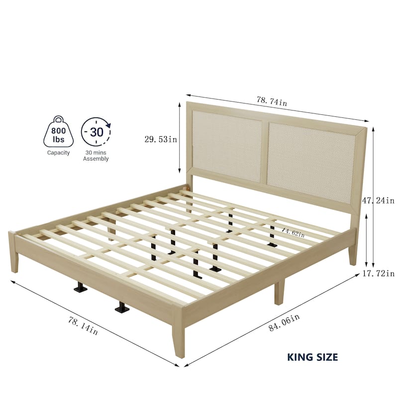 Eudoca Mid-Century Wood Bed Frame with Rattan Headboard BED by Christopher Knight Home