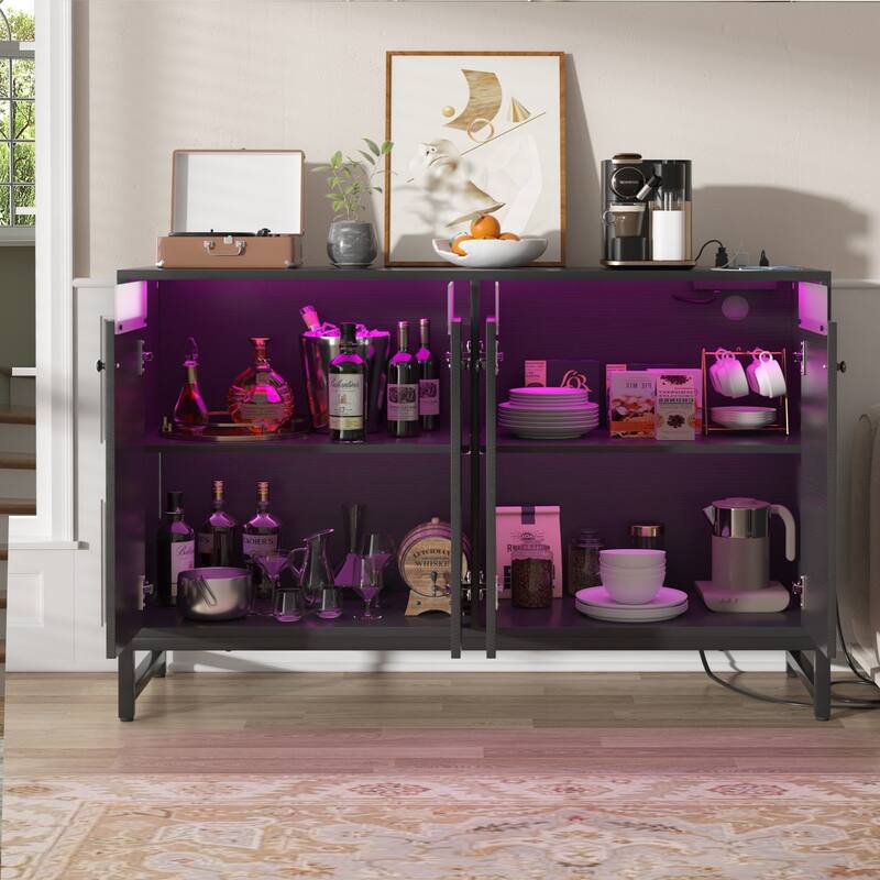 4 Doors Accent Cabinet with Power Outlet, Buffet Cabinet Storage Bar Cabinet with LED Light