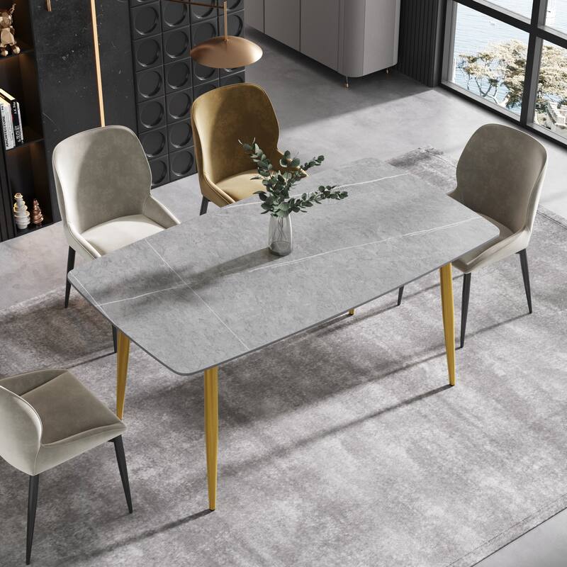 63" Modern Dining Table,Sintered Stone Tabletop and Solid Gold Carbon Steel Base