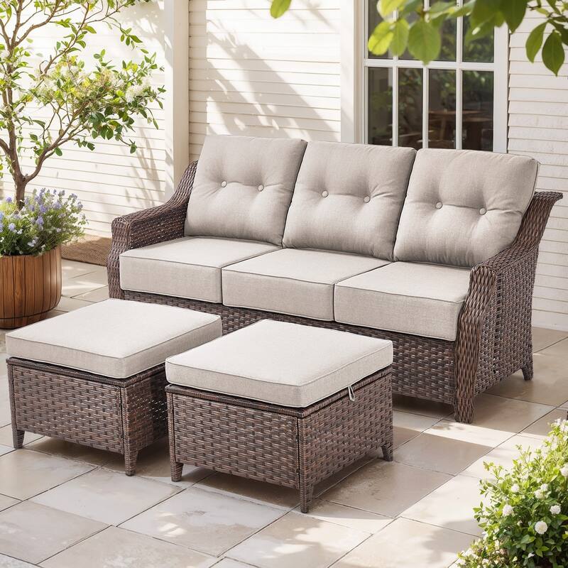Gymojoy 3-Piece Wicker Patio Furniture Ottoman & Sofa Set, 6-Inch Ultra Thick Cushioned