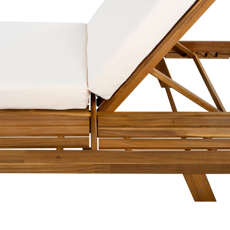 One-sided Open Storage Lounge Chairs Outdoor Patio Acacia Wood Chaise Lounge with Adjustable Backrest & Water-repellent Cushions