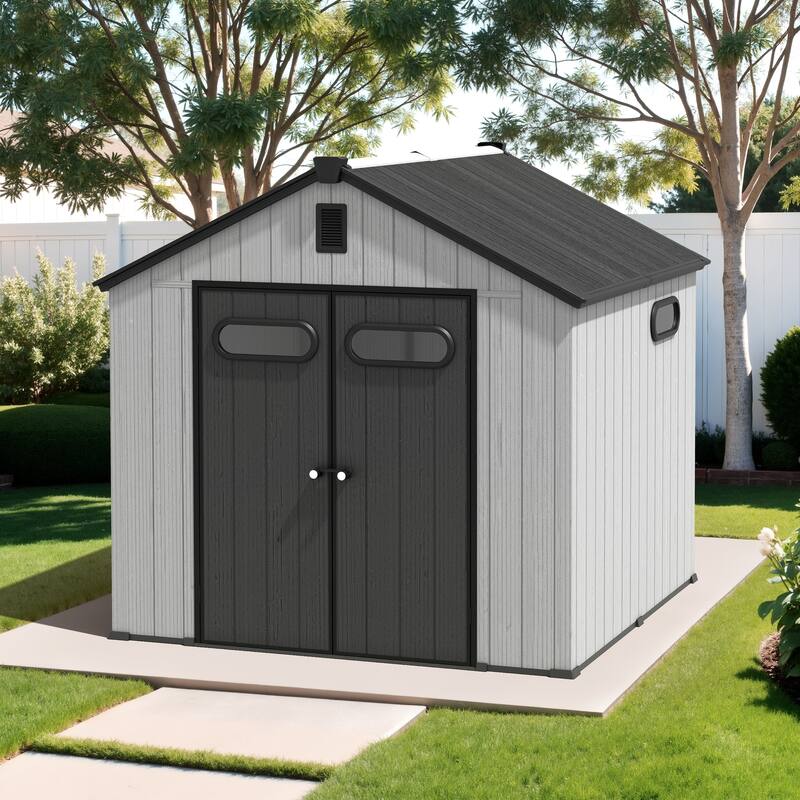 VredHom 8X8/8X10/8X12 FT All-Weather Outdoor Resin Storage Shed with Windows Floor for Patio Furniture and Tools