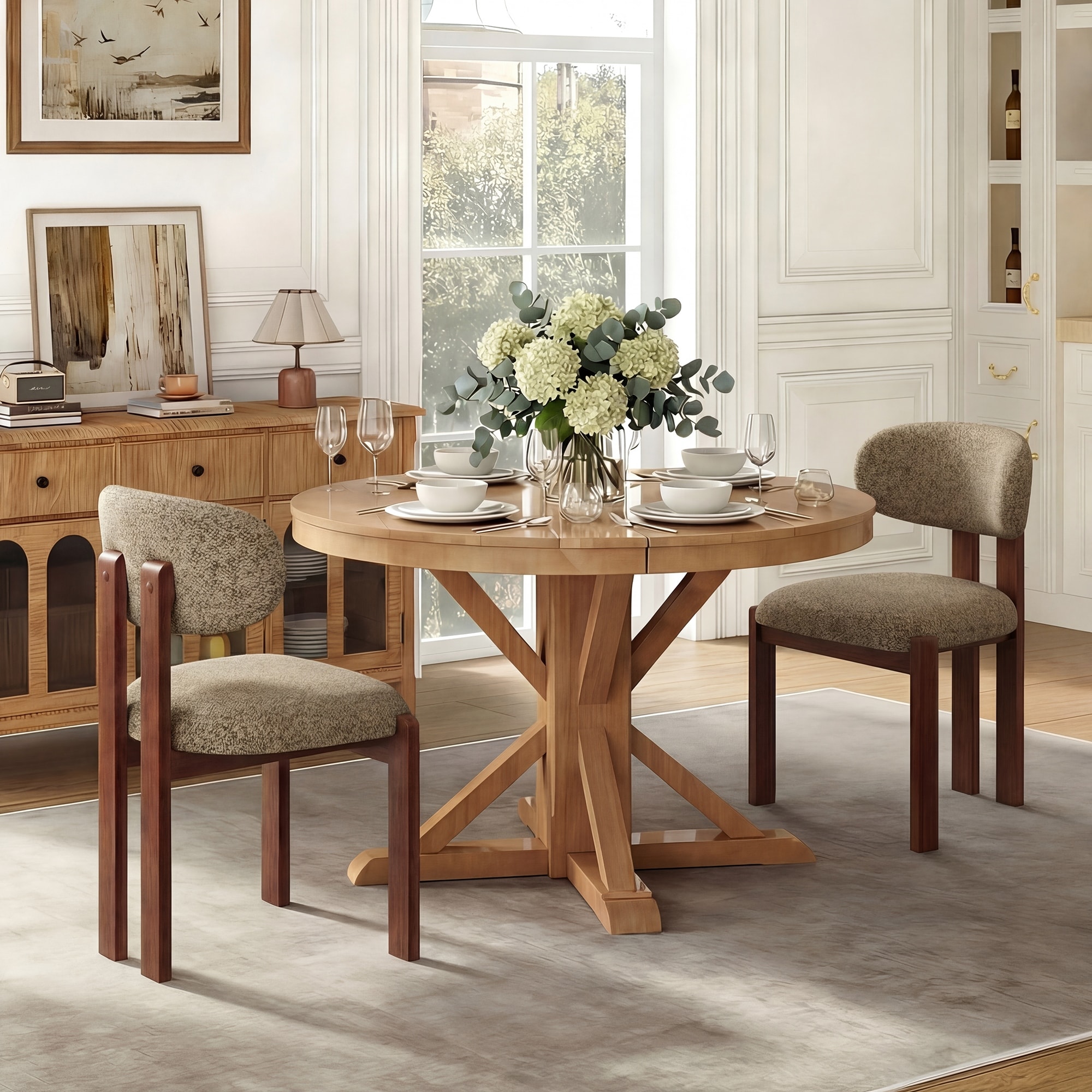 Modern Dining Chair Wood Upholstered Fabric Curved Back - Set of 2