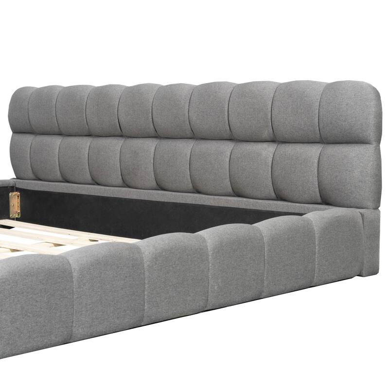 Grounded Bed Upholstered Platform Bed with Headboard and Support Slats Linen Fabric