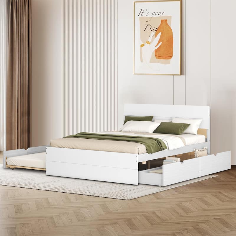 Modern Farmhouse Style Wooden Full Size Platform Bed Frame with Twin Size Trundle Bed - White