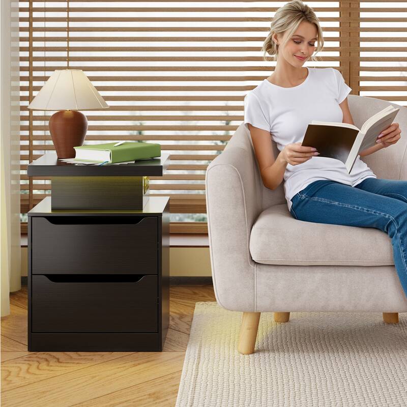 Modern Wood Nightstand with Charging Station, 2 Drawers, Bedside Table with LED Lights