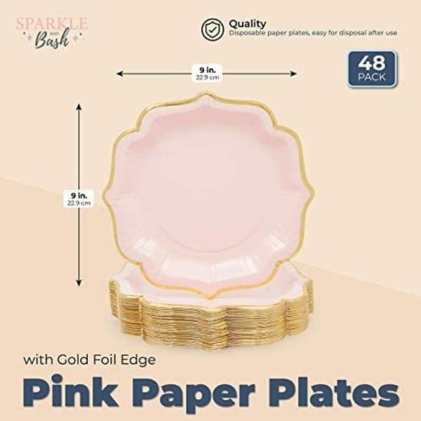 48-Pack Pink Scalloped Paper Party Plates with Gold Foil Edges, 9 in ...