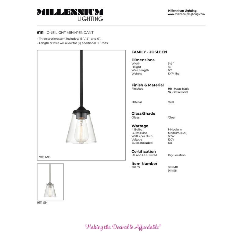 Millennium Lighting Josleen Pendant Light in Multiple Finishes with Clear Glass Shade