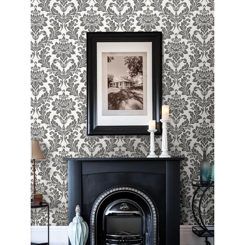 Damask Wells Blue Damask Wallpaper - Black