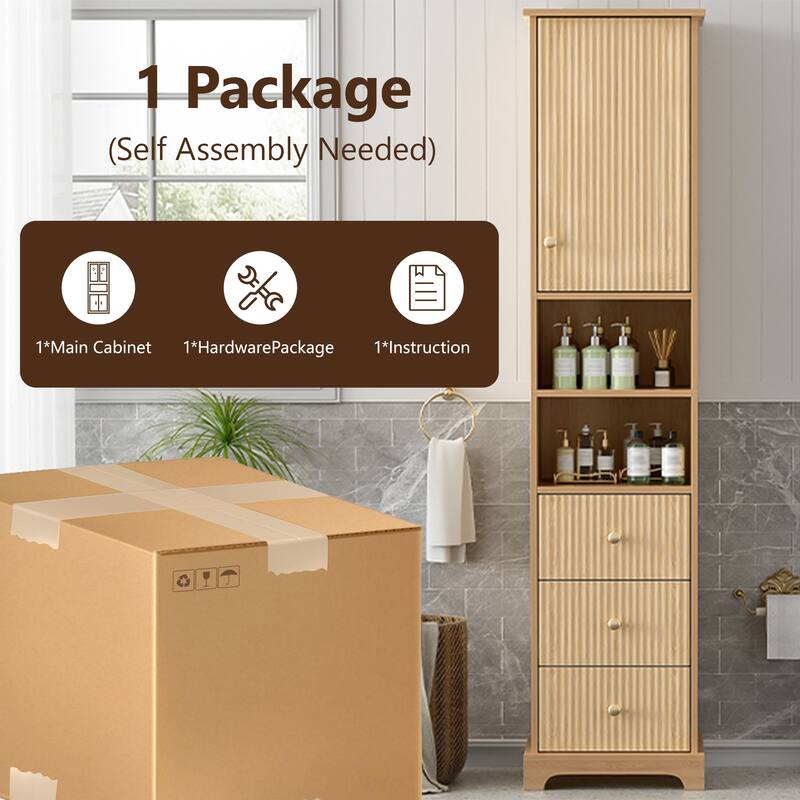 67.7" Tall Freestanding Bathroom Cabinet, Traditional American Style, 1 Door with Adjustable Shelf, 3 Drawers, Open Storage