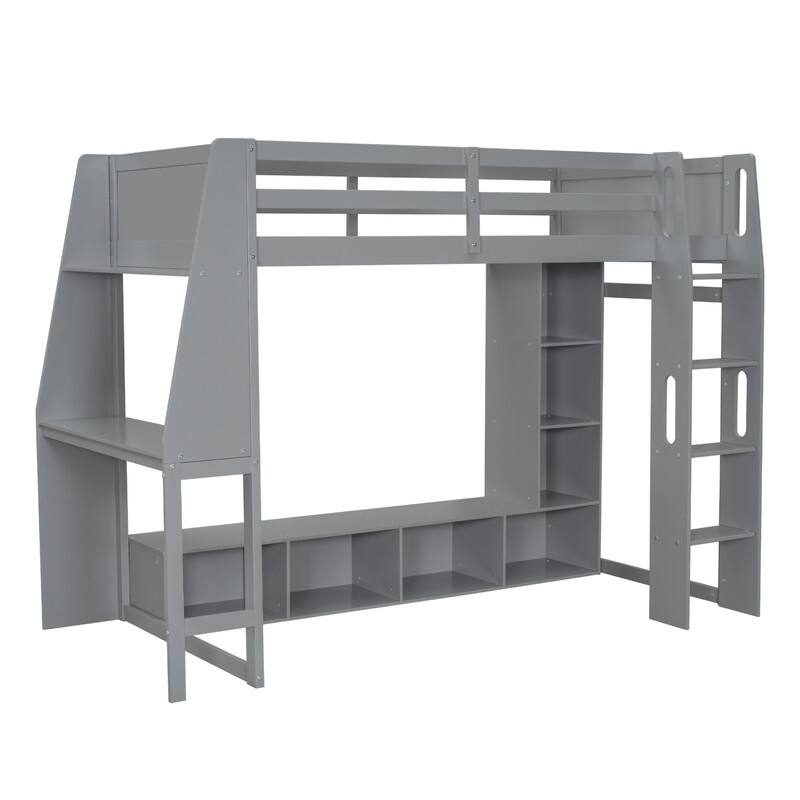Twin/Full Size Gaming Loft Bed with Desk, Multi-functional Teens Kids Bed Frame with Cabinets, LED Light and Clothes Rack