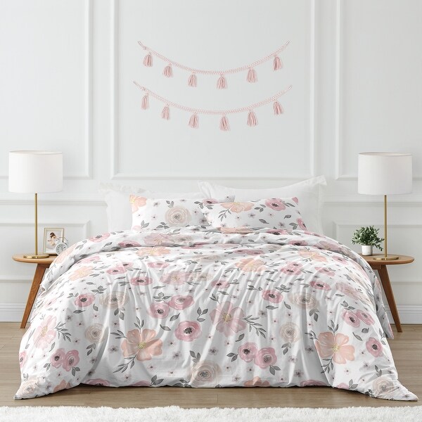 Sweet Jojo Designs Blush Pink Grey and White Watercolor Floral Collection Girl 3 piece Full Queen size Comforter Set Bed Bath Beyond 19193848