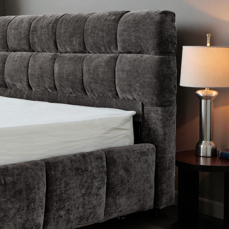 California King Upholstered Bed Frame with Chenille Fabric Headboard and Underbed Storage Drawers Modern Platform Bed