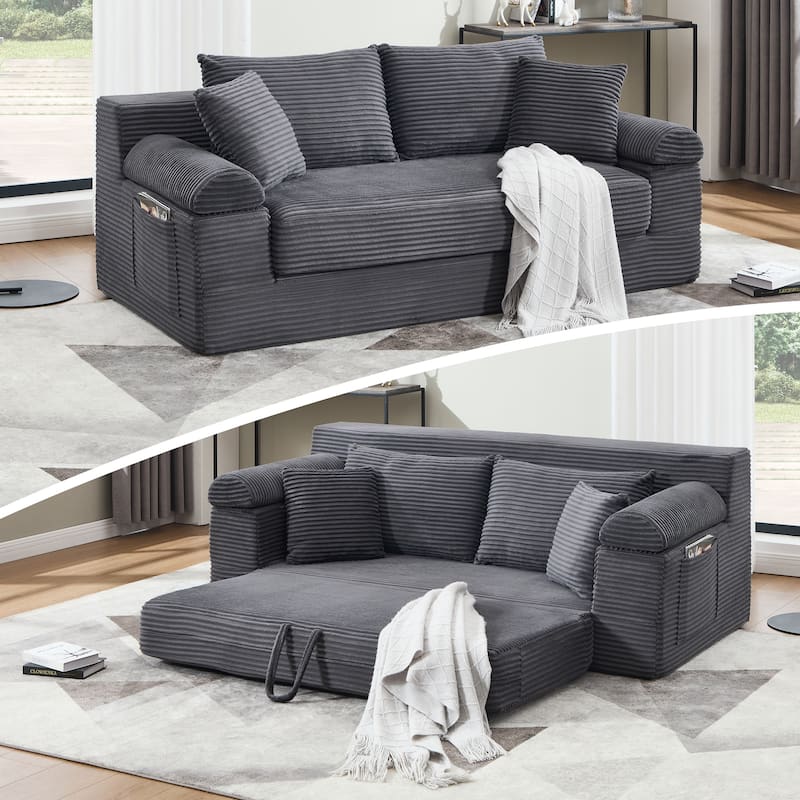 78" W Convertible Sleeper Sofa Bed Corduroy Loveseat with Pillows - Grey
