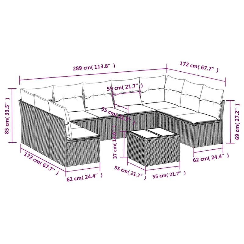 vidaXL 9/10 Piece Patio Sofa Set with Cushions Brown/Gray Poly Rattan - 21.7 x 24.4 x 27.2