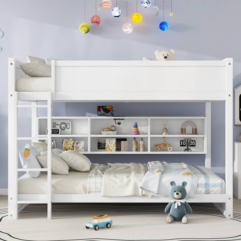 Queen Over Queen Bunk Bed with Built-in Storage Cabinets and Charging Station - White