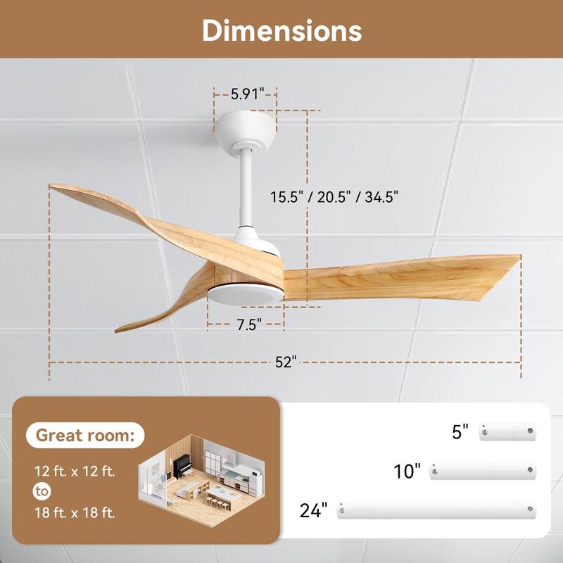 52''/60" Large Ceiling Fan without Lights, Remote Control and Reversible Motor Included, 3 Wood Blades