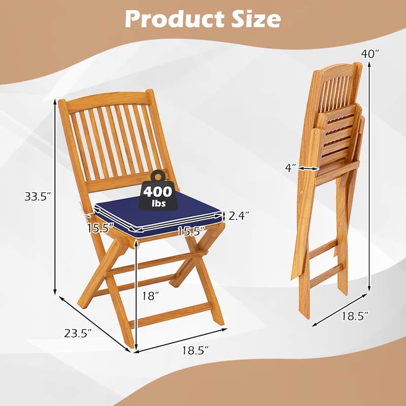 Set of 2 Acacia Wood Folding Chairs with Cushioned Seats for Outdoor Dining and Camping - 18.5" x 23.5" x 33.5"