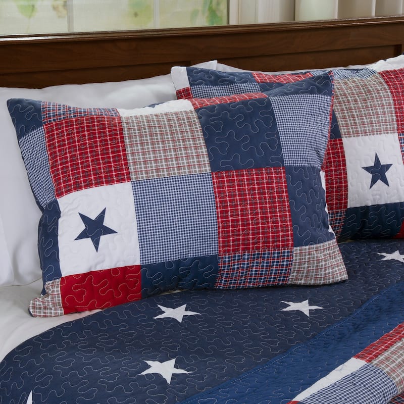 Caroline Patriotic Quilt Set - Microfiber Americana Stars and Plaid Patchwork Bedding with Pillow Shams by Windsor Home