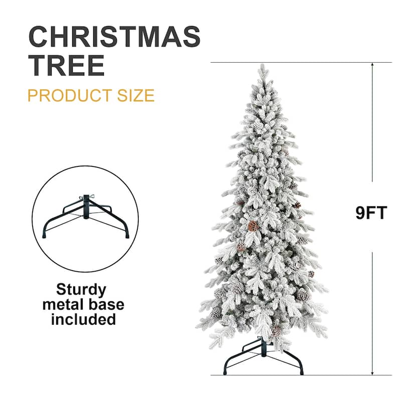 Flocked PE/PVC Christmas Tree - Pine Cones, Hinged Branches, Metal Stand, Snowy Look - White+Green