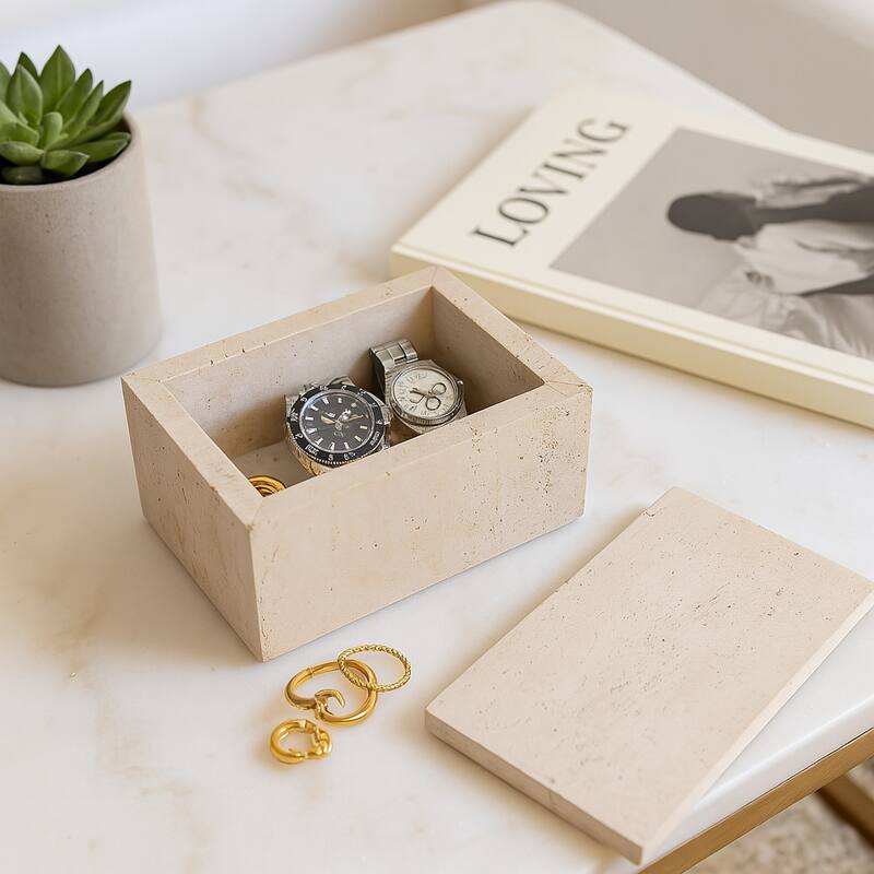 Travertine Decorative Box with Lid - Tan