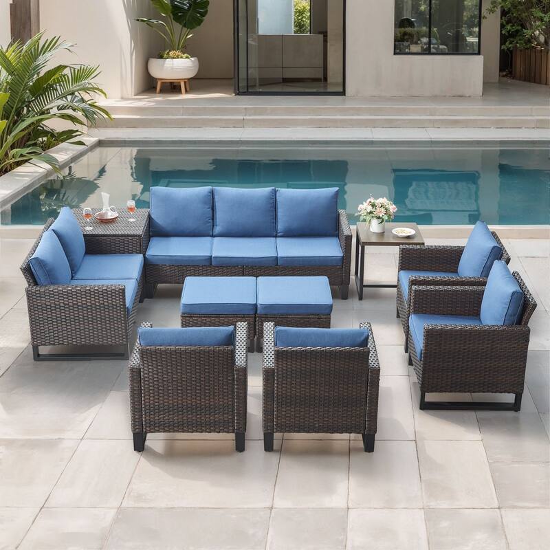 Gymojoy 9-11 Person All-Weather Wicker Outdoor Conversation Set Seating Group With lounge Chairs And Ottomans - Brown Wicker / Blue Cusion - 10-Piece
