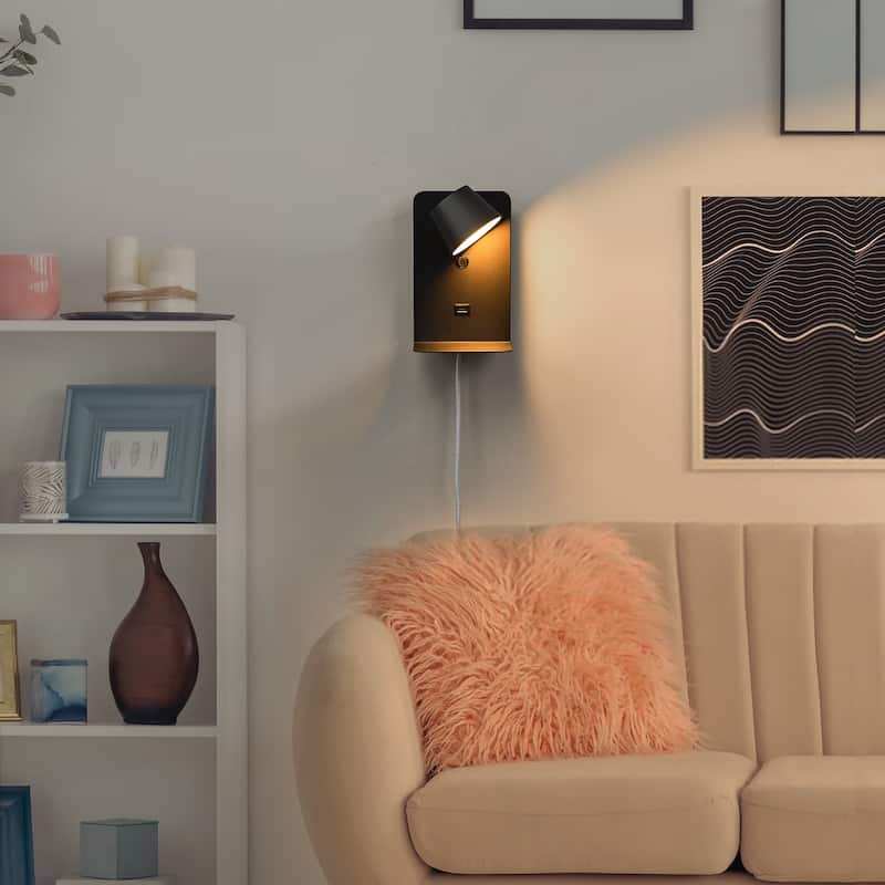 Modern Reading LED Wall Lamp with USB Charging Port Case - Indoor Wall Sconces Adjustable with Shelves for Living Room