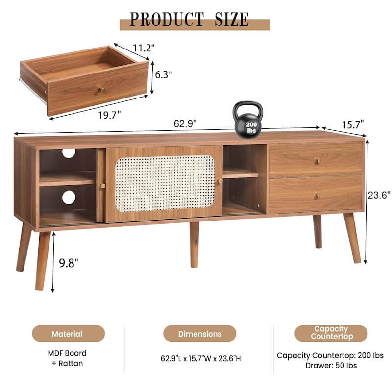 62.9"W Mid-Century TV Stand with Sliding Doors & Drawers, Entertainment Center TV Console Table with Rattan Doors, For 70"TV