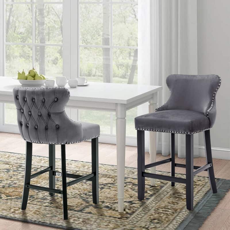 Button Tufted Velvet Wing-Back Barstools Set of 4