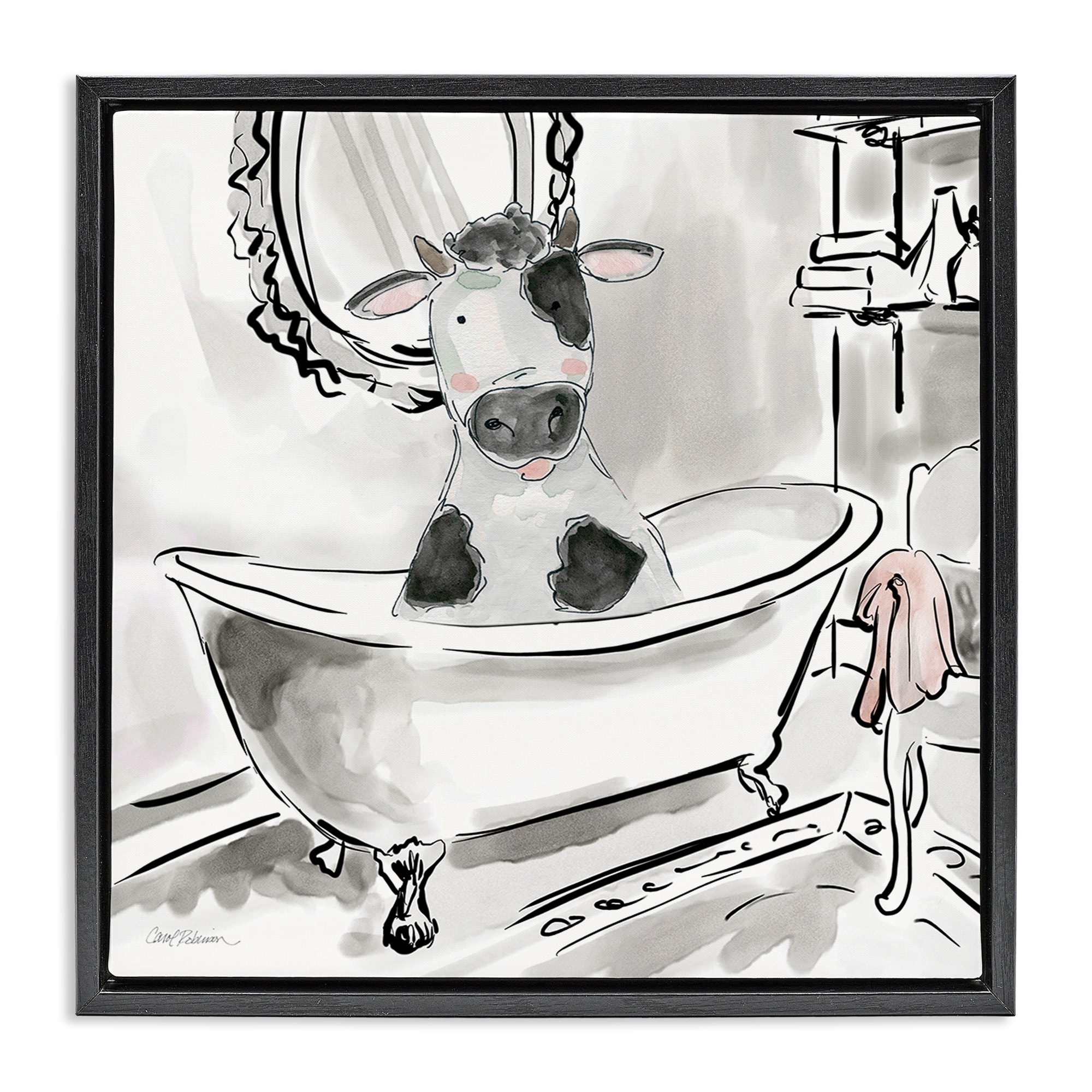 Stupell Minimal Bathtub Cow Framed Floater Canvas Wall Art Design By Carol Robinson
