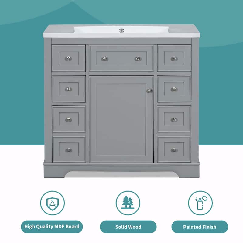 36" Bathroom Vanity with Sink Combo: Cabinet, Six Drawers