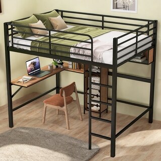 Full Size Metal & Wood Loft Bed with L -shaped desk and shelves, Black ...