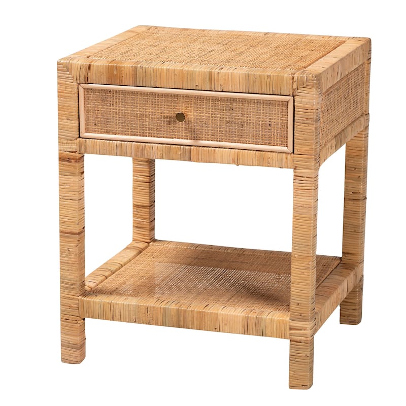 Adelia Modern Bohemian Natural Rattan and Mahogany Wood 1-Drawer Nightstand - Natural Brown