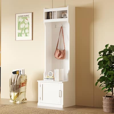 Slim Hall Tree with Cabinet & 6 Hooks, Multi-functional Wood Storage Bench with Coat Rack for Hallway, Living room