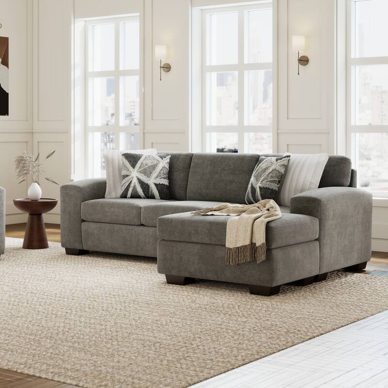 Roundhill Furniture Arden L-Shaped Convertible Living Room Sofa Chaise with Floating Ottoman, Posh Gray - 7'6" x 9'6"