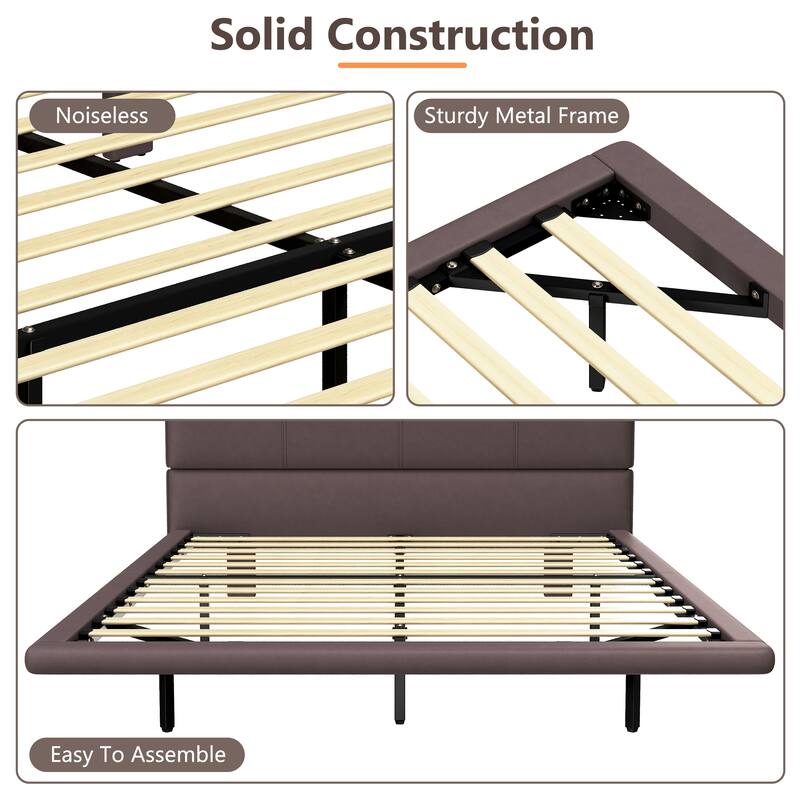 Modern Floating Platform Bed with LED Lights - PU Leather Upholstery, Full Size, Easy Assembly