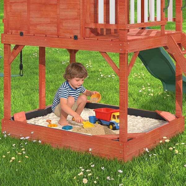 Kids Outdoor Wooden Swing Set, Backyard Play Set with Elevated