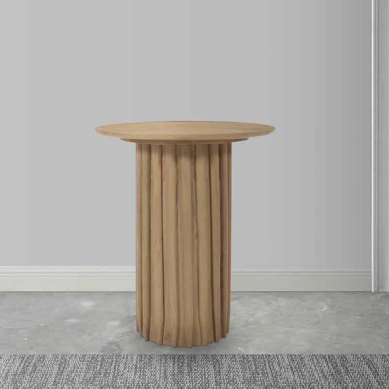 Sejo Side End Table 20 Inch Round Top with Fluted Base in Natural Brown Mango Wood