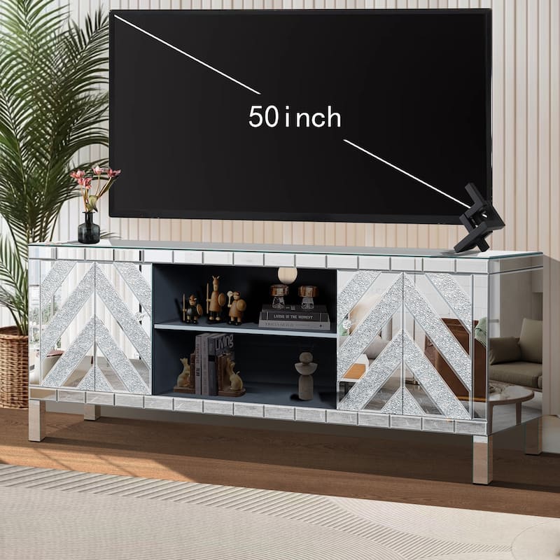47 Inch Mirror TV Media Console with Diamond Glass Doors, Dual Door Design, Compatible with 50-Inch TVs