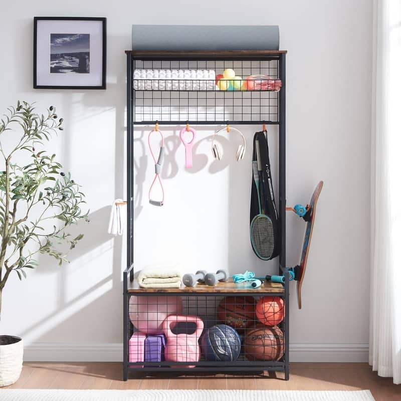 Mieres Garage Sports Equipment Organizer, Garage Ball Storage Rack, Garage Organizer with Basket and Hooks